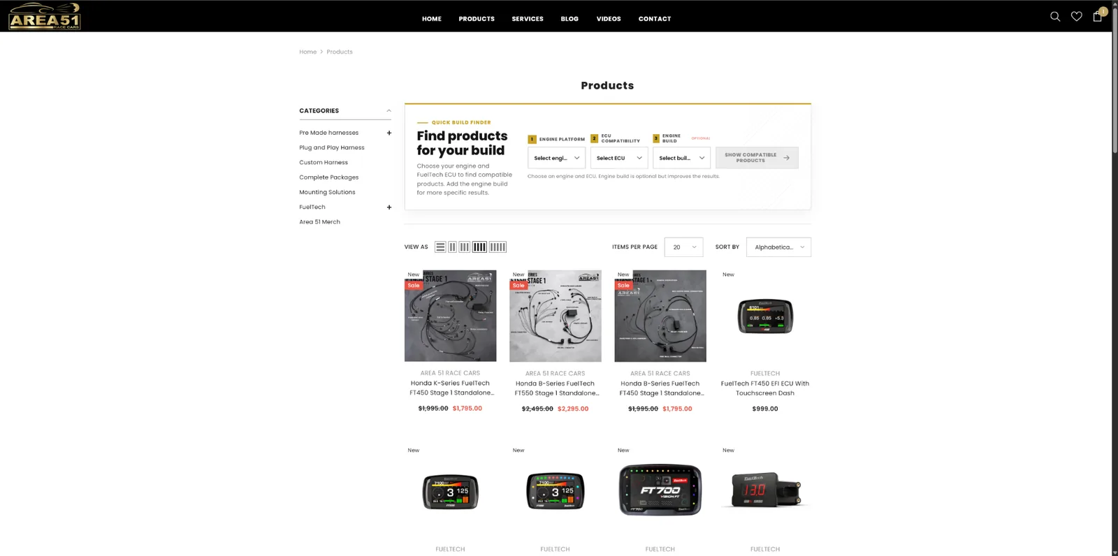 Area 51 Race Cars e-commerce products page and build finder